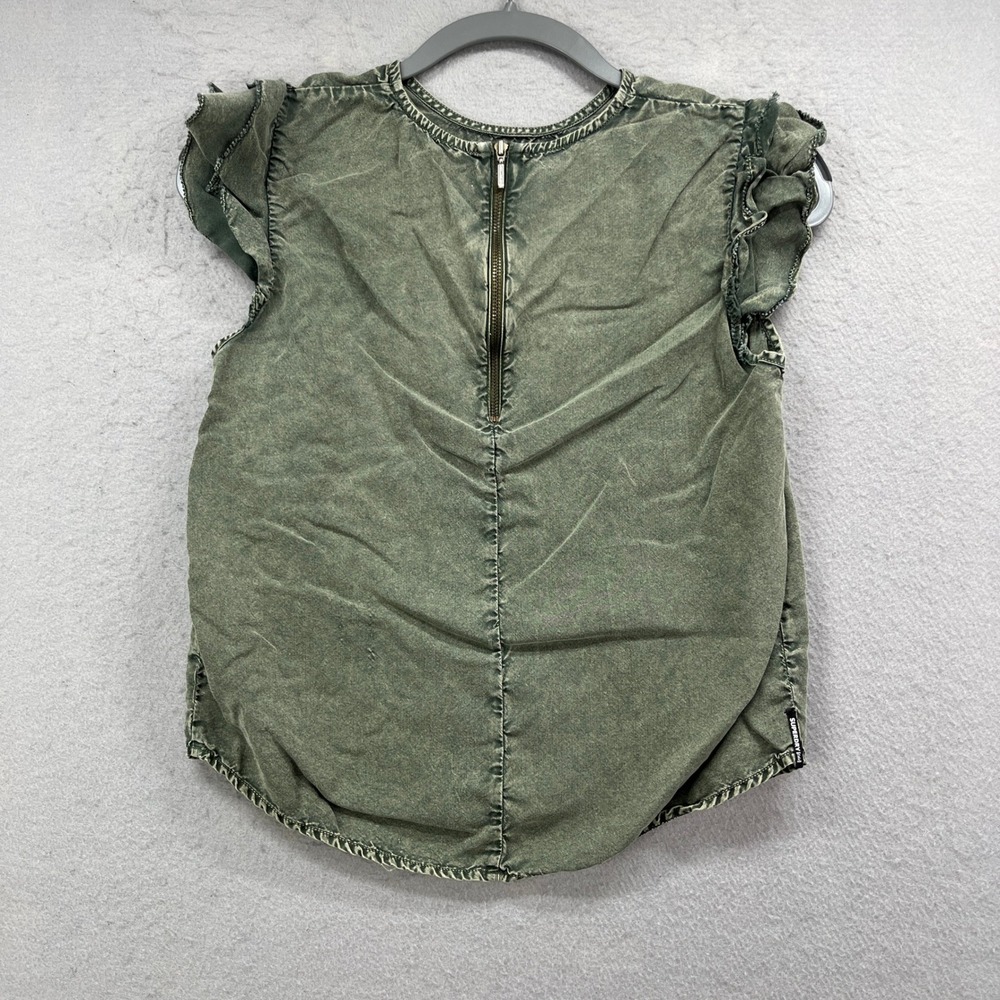 Superdry Top Womens‎ Small* Olive Green Lyocell Ruffle Zip Boho Blouse